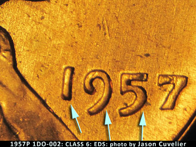 Die-stage A marker on 1957P•1DO•002 (1957 Doubled Die Obverse).