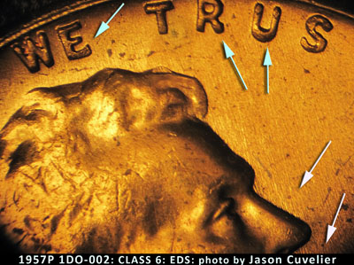 Die-stage A marker on 1957P•1DO•002 (1957 Doubled Die Obverse).