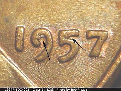 Die-stage C marker on 1957P•1DO•002 (1957 Doubled Die Obverse).