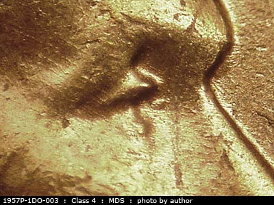 1957 Lincoln cent obverse, CopperCoins die 1957P•1DO•003.