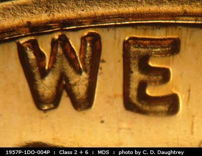 Die-stage B marker on 1957P•1DO•004P (1957 Doubled Die Obverse).