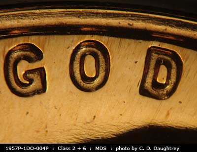 Die-stage B marker on 1957P•1DO•004P (1957 Doubled Die Obverse).