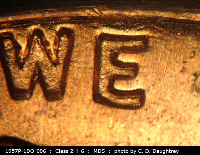Die-stage B marker on 1957P•1DO•006 (1957 Doubled Die Obverse).