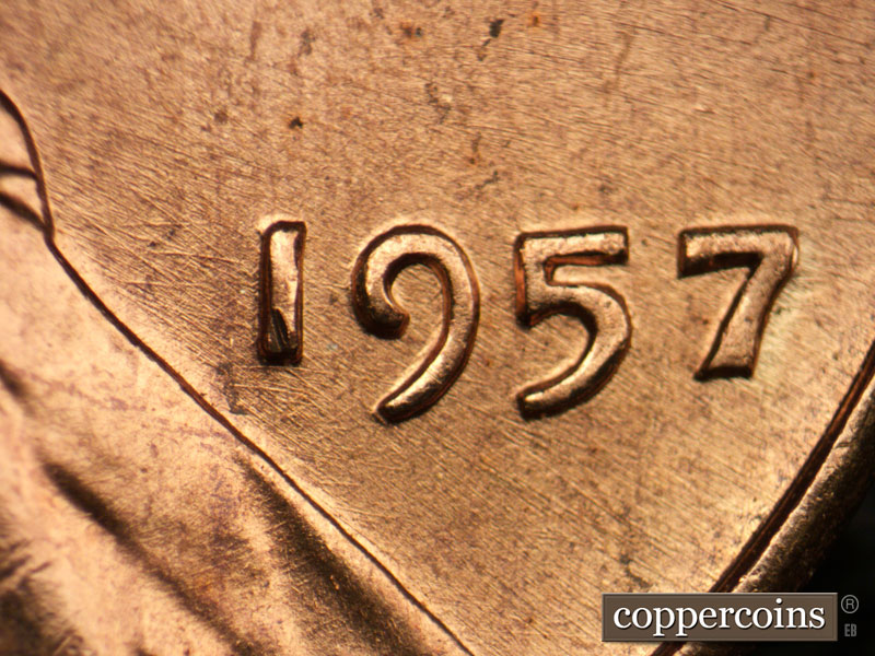 Die-stage B marker on 1957P•1DR•003 (1957 Doubled Die Reverse).