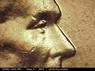1958 Lincoln cent obverse, CopperCoins die 1958D•1DO•002.