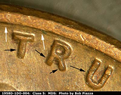 Die-stage B marker on 1958D•1DO•004 (1958 Doubled Die Obverse).
