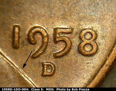 Die-stage B marker on 1958D•1DO•004 (1958 Doubled Die Obverse).
