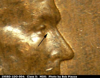 Die-stage B marker on 1958D•1DO•004 (1958 Doubled Die Obverse).