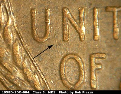 Die-stage B marker on 1958D•1DO•004 (1958 Doubled Die Obverse).