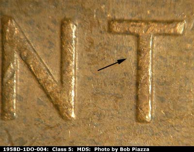 Die-stage B marker on 1958D•1DO•004 (1958 Doubled Die Obverse).