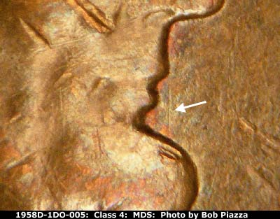 Die-stage B marker on 1958D•1DO•005 (1958 Doubled Die Obverse).
