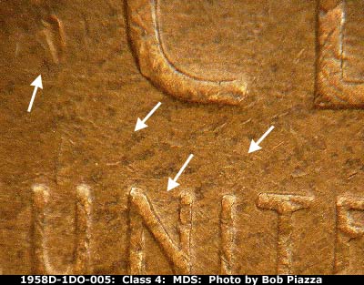 Die-stage B marker on 1958D•1DO•005 (1958 Doubled Die Obverse).