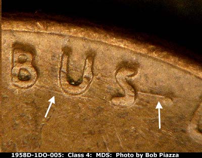 Die-stage B marker on 1958D•1DO•005 (1958 Doubled Die Obverse).