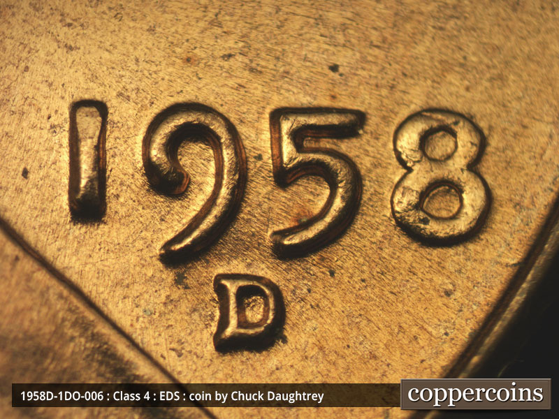 Die-stage A marker on 1958D•1DO•006 (1958 Doubled Die Obverse).