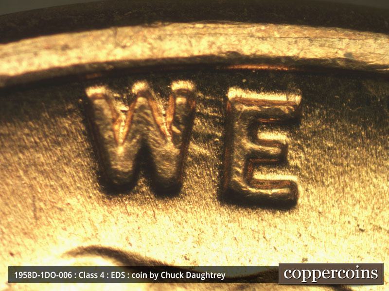 Die-stage A marker on 1958D•1DO•006 (1958 Doubled Die Obverse).
