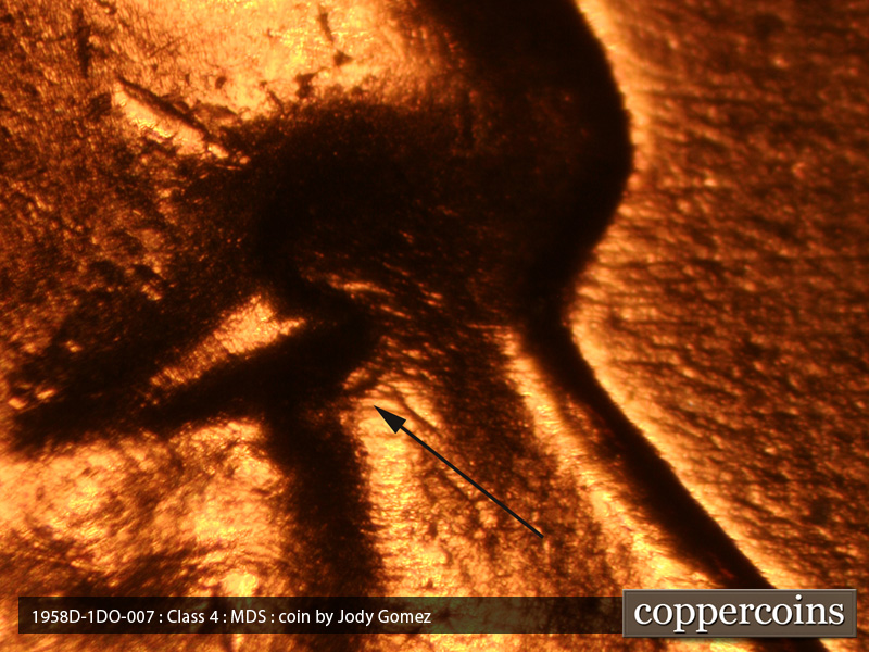 1958 Lincoln cent obverse, CopperCoins die 1958D•1DO•007.