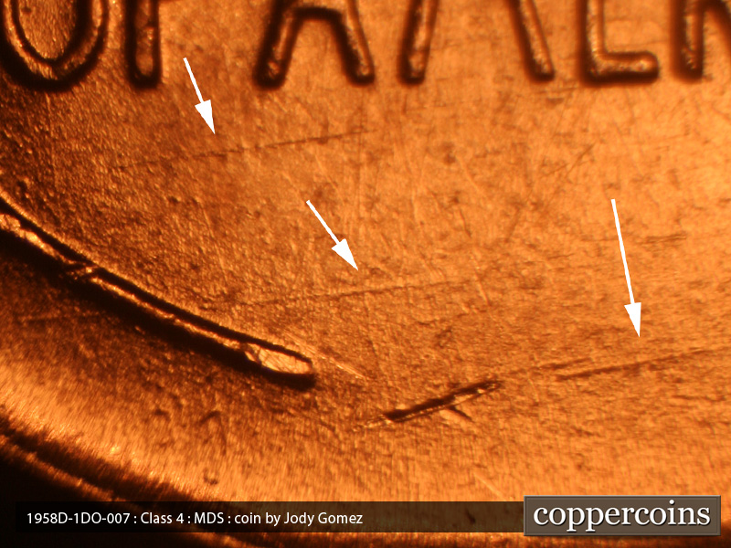 Die-stage B marker on 1958D•1DO•007 (1958 Doubled Die Obverse).
