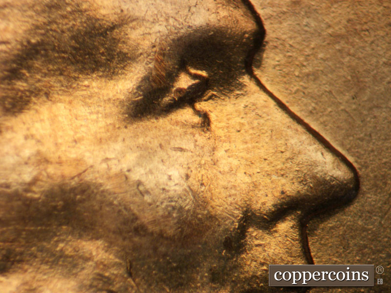 1958 Lincoln cent obverse, CopperCoins die 1958D•1DO•010.
