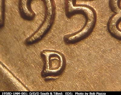 Die-stage A marker on 1958D•1MM•001 (1958 Repunched Mint Mark).