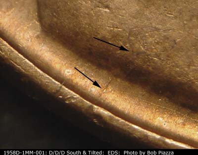 Die-stage A marker on 1958D•1MM•001 (1958 Repunched Mint Mark).