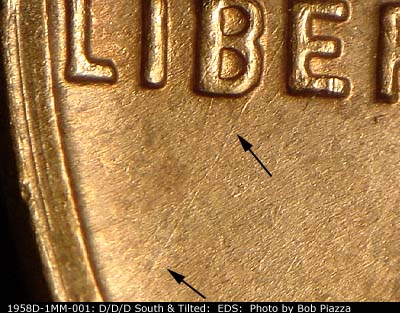 Die-stage A marker on 1958D•1MM•001 (1958 Repunched Mint Mark).