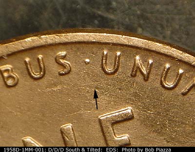 Die-stage A marker on 1958D•1MM•001 (1958 Repunched Mint Mark).