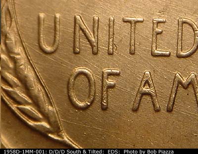 Die-stage A marker on 1958D•1MM•001 (1958 Repunched Mint Mark).