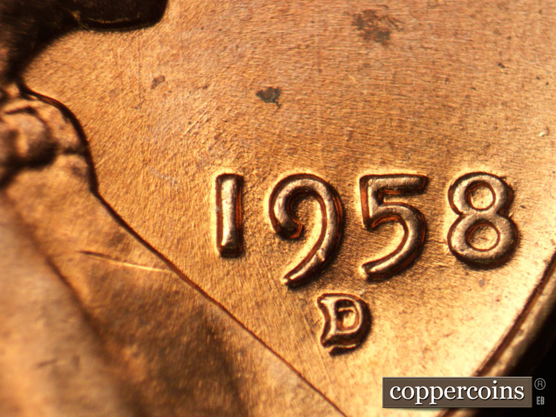 Die-stage B marker on 1958D•1MM•001 (1958 Repunched Mint Mark).