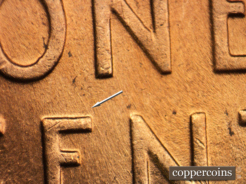 Die-stage B marker on 1958D•1MM•001 (1958 Repunched Mint Mark).