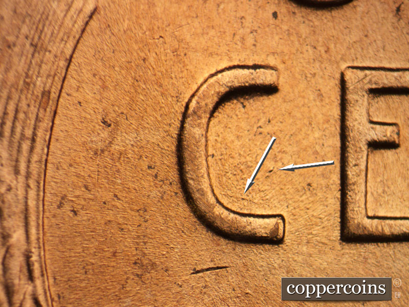 Die-stage B marker on 1958D•1MM•001 (1958 Repunched Mint Mark).