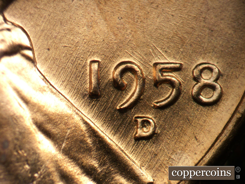 Die-stage B marker on 1958D•1MM•002 (1958 Repunched Mint Mark).