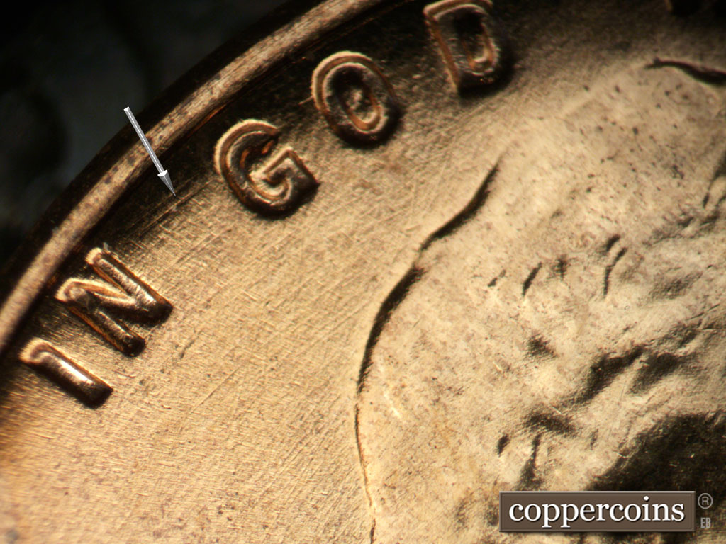 Die-stage B marker on 1958D•1MM•002 (1958 Repunched Mint Mark).