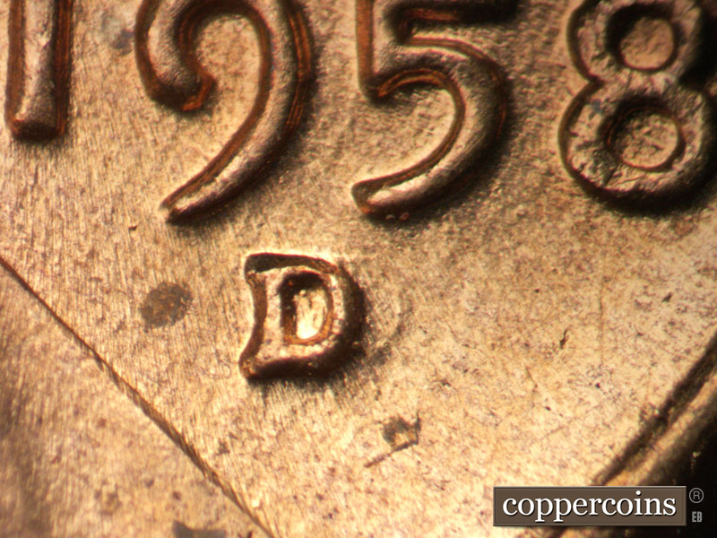 Die-stage C marker on 1958D•1MM•002 (1958 Repunched Mint Mark).