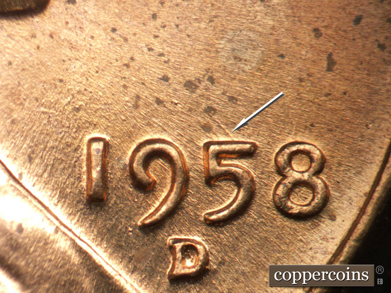 Die-stage C marker on 1958D•1MM•002 (1958 Repunched Mint Mark).