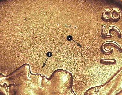 Die-stage B marker on 1958D•1MM•003 (1958 Repunched Mint Mark).