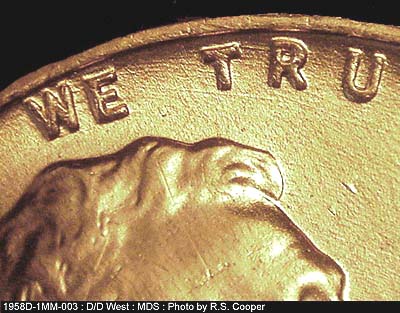 Die-stage B marker on 1958D•1MM•003 (1958 Repunched Mint Mark).