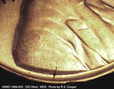 Die-stage B marker on 1958D•1MM•003 (1958 Repunched Mint Mark).
