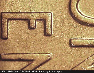 Die-stage B marker on 1958D•1MM•003 (1958 Repunched Mint Mark).