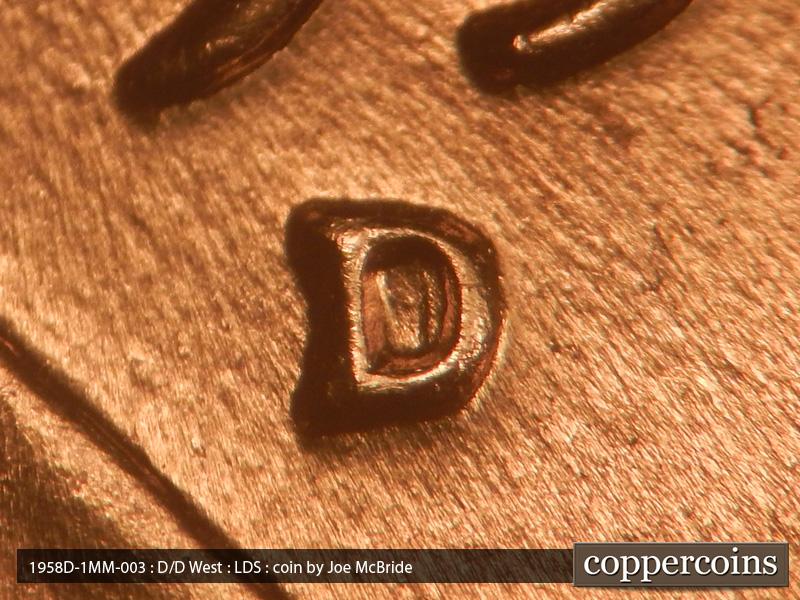 Die-stage C marker on 1958D•1MM•003 (1958 Repunched Mint Mark).