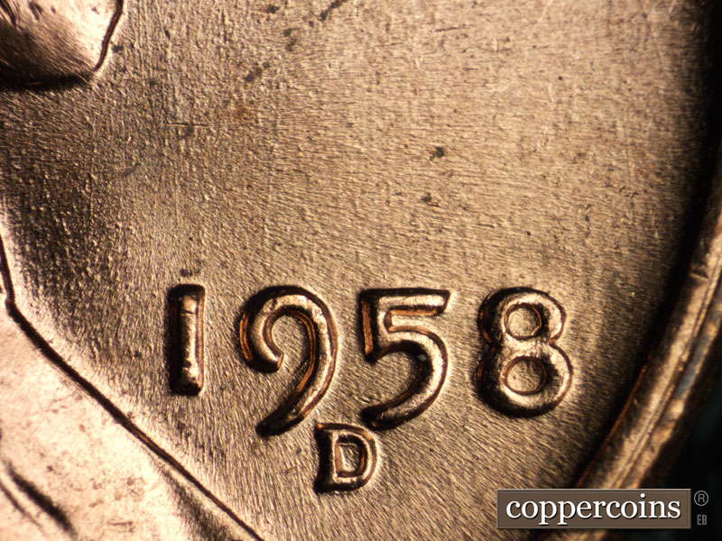 Die-stage B marker on 1958D•1MM•004 (1958 Repunched Mint Mark).