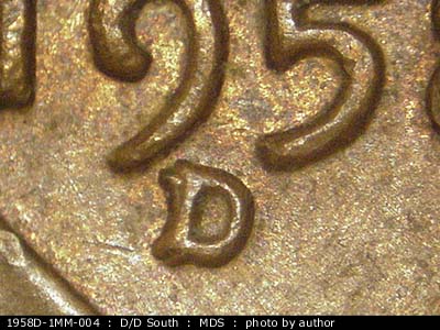 1958 Lincoln cent obverse, CopperCoins die 1958D•1MM•005.