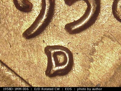Die-stage A marker on 1958D•1MM•006 (1958 Repunched Mint Mark).