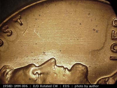 Die-stage A marker on 1958D•1MM•006 (1958 Repunched Mint Mark).