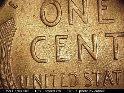 Die-stage A marker on 1958D•1MM•006 (1958 Repunched Mint Mark).