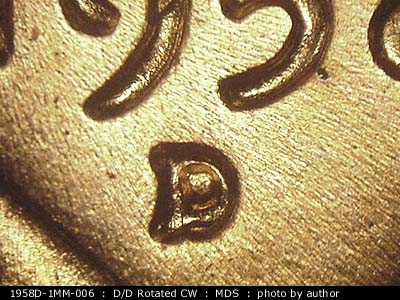 1958 Lincoln cent obverse, CopperCoins die 1958D•1MM•006.