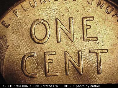 Die-stage B marker on 1958D•1MM•006 (1958 Repunched Mint Mark).