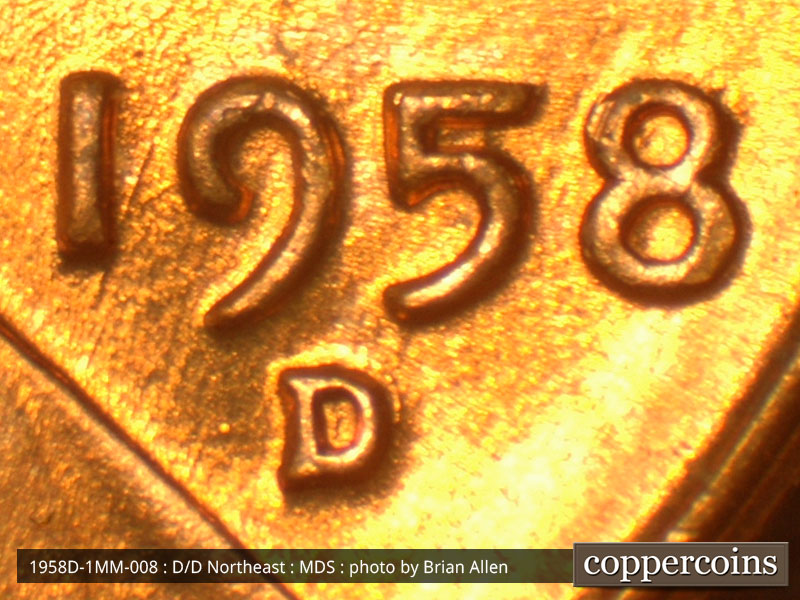 Die-stage B marker on 1958D•1MM•008 (1958 Repunched Mint Mark).
