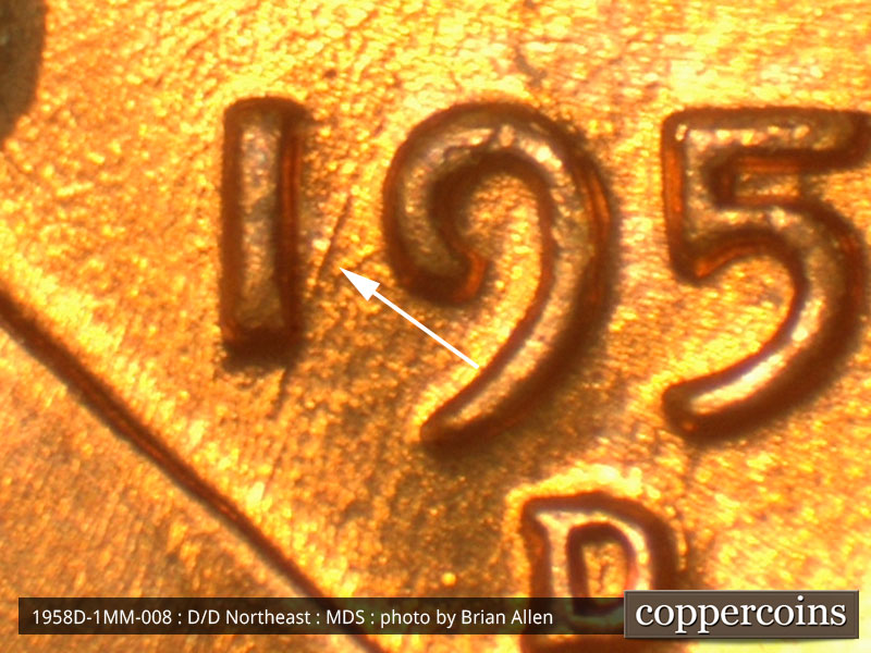 Die-stage B marker on 1958D•1MM•008 (1958 Repunched Mint Mark).