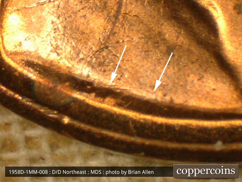 Die-stage B marker on 1958D•1MM•008 (1958 Repunched Mint Mark).