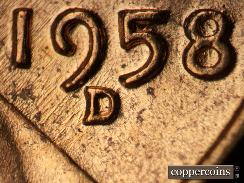 1958 Lincoln cent obverse, CopperCoins die 1958D•1MM•009.